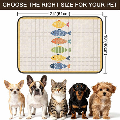 T&H XHomeCoastal Fish Cat Litter Mat 24x18 , Nautical Fish Cartoon Plaid Yellow Kitty Litter Box mat for Cat Machine Washable Easy Clean Soft Non-Slip Pet Food Mats for Floor Rug