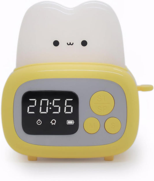 Kids Alarm Clock Cute Toaster Styling with 15 Minutes Sleep Timer Small Clocks Timer Bedside Lamp Adjustable Brightness Bedroom Light for Adults Teens Yellow