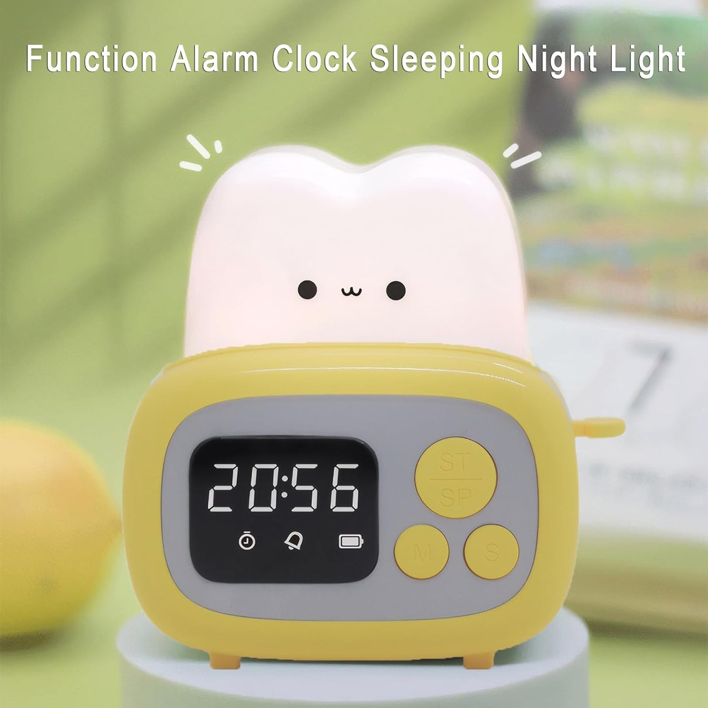 Kids Alarm Clock Cute Toaster Styling with 15 Minutes Sleep Timer Small Clocks Timer Bedside Lamp Adjustable Brightness Bedroom Light for Adults Teens Yellow