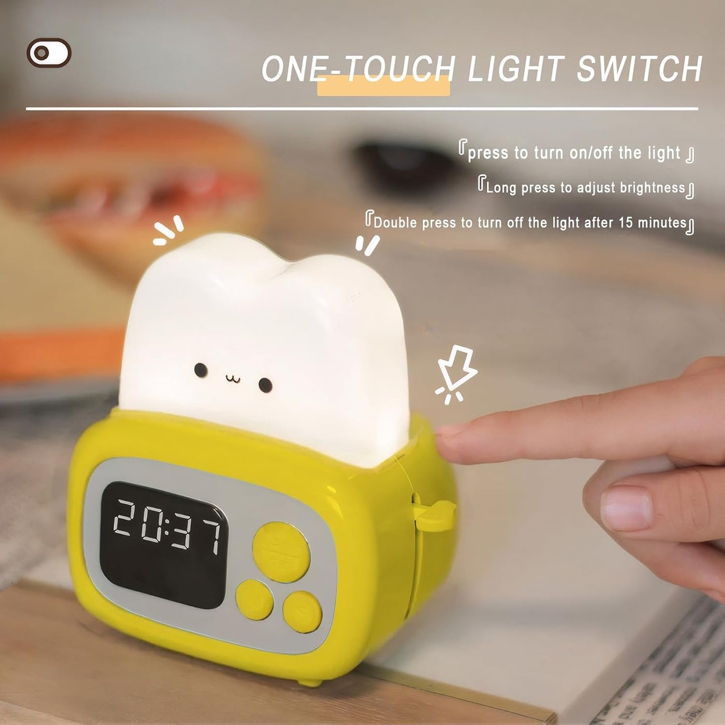 Kids Alarm Clock Cute Toaster Styling with 15 Minutes Sleep Timer Small Clocks Timer Bedside Lamp Adjustable Brightness Bedroom Light for Adults Teens Yellow