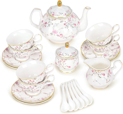 21-Piece Gold Vine Floral Porcelain Tea Sets with Sugar Bowl Creamer Teacups, English Bone China Tea Service for Women TeaParty Family Gathering Home Décor