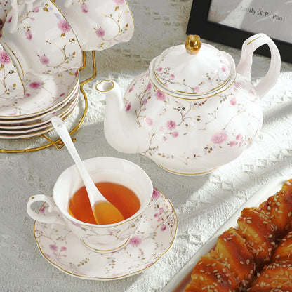 21-Piece Gold Vine Floral Porcelain Tea Sets with Sugar Bowl Creamer Teacups, English Bone China Tea Service for Women TeaParty Family Gathering Home Décor