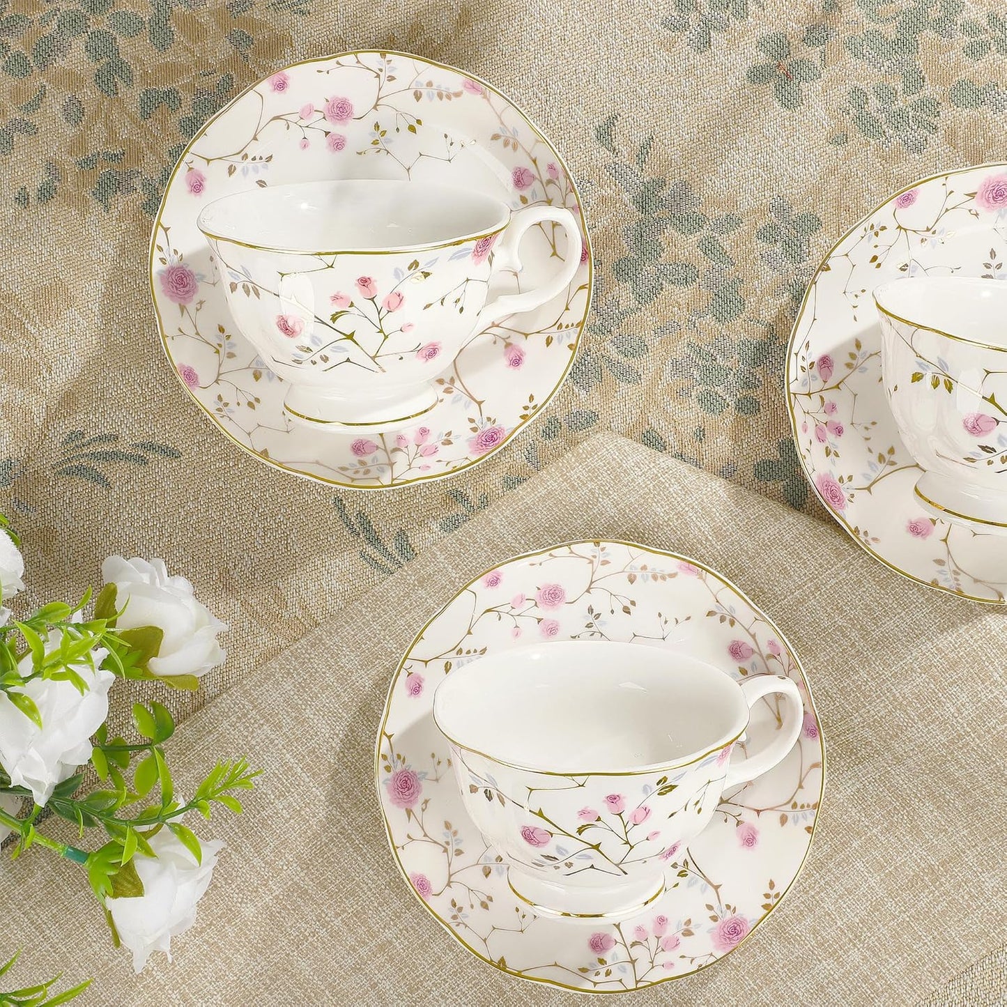 21-Piece Gold Vine Floral Porcelain Tea Sets with Sugar Bowl Creamer Teacups, English Bone China Tea Service for Women TeaParty Family Gathering Home Décor