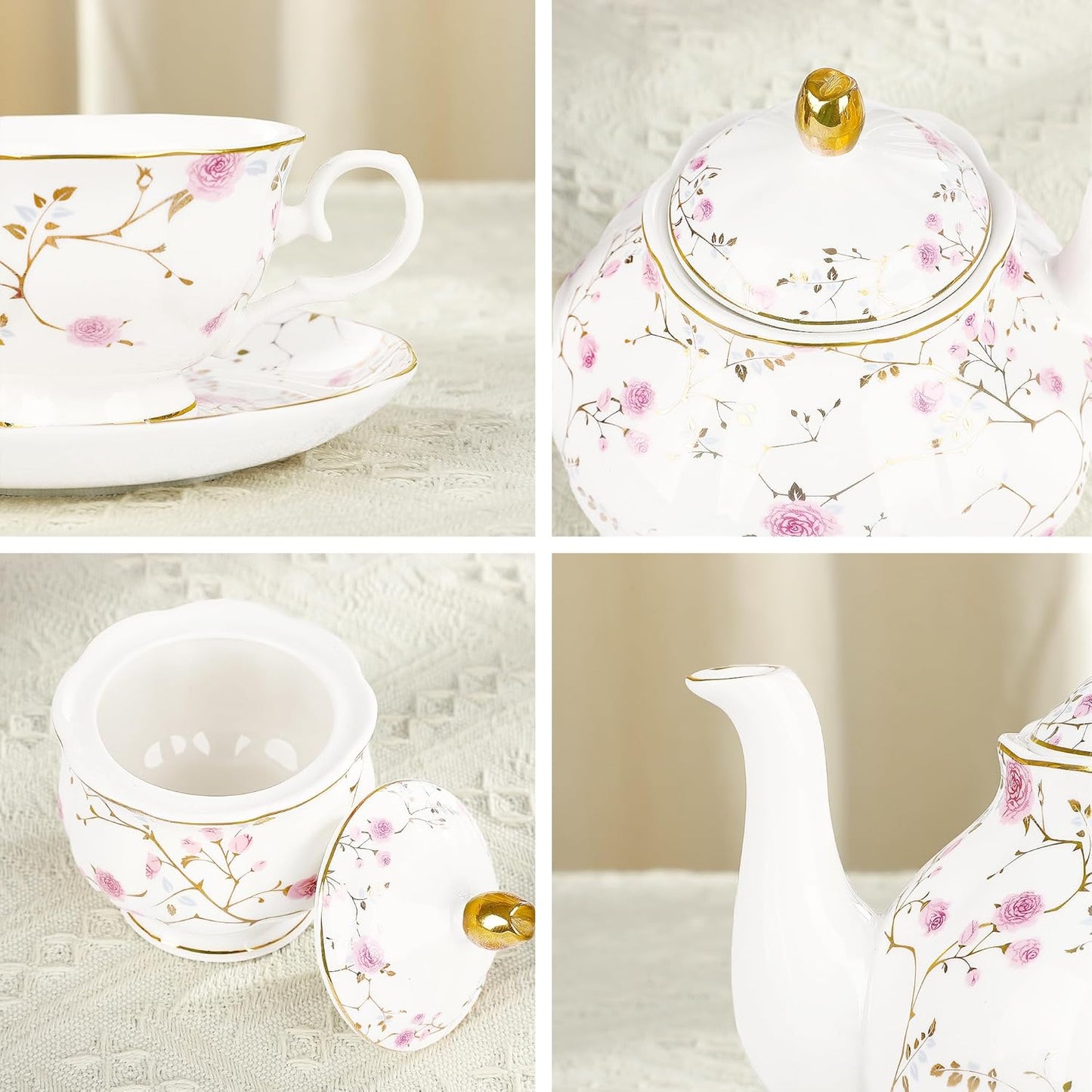 21-Piece Gold Vine Floral Porcelain Tea Sets with Sugar Bowl Creamer Teacups, English Bone China Tea Service for Women TeaParty Family Gathering Home Décor