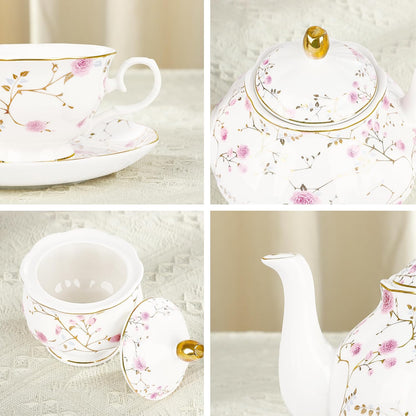 21-Piece Gold Vine Floral Porcelain Tea Sets with Sugar Bowl Creamer Teacups, English Bone China Tea Service for Women TeaParty Family Gathering Home Décor