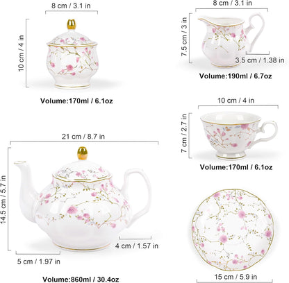 21-Piece Gold Vine Floral Porcelain Tea Sets with Sugar Bowl Creamer Teacups, English Bone China Tea Service for Women TeaParty Family Gathering Home Décor