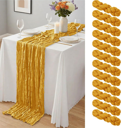 12 Pcs Gold Cheesecloth Table Runner 10Ft, Golden Yellow Gauze Table Runners 21.5 x 120 inch,Semi Sheer Cheese Cloth Fabric Runner Bulk for Wedding,Party,Baby Shower,Bridal Shower