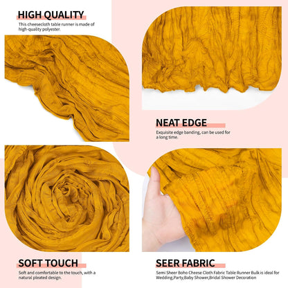 12 Pcs Gold Cheesecloth Table Runner 10Ft, Golden Yellow Gauze Table Runners 21.5 x 120 inch,Semi Sheer Cheese Cloth Fabric Runner Bulk for Wedding,Party,Baby Shower,Bridal Shower