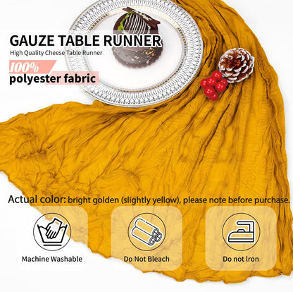 12 Pcs Gold Cheesecloth Table Runner 10Ft, Golden Yellow Gauze Table Runners 21.5 x 120 inch,Semi Sheer Cheese Cloth Fabric Runner Bulk for Wedding,Party,Baby Shower,Bridal Shower