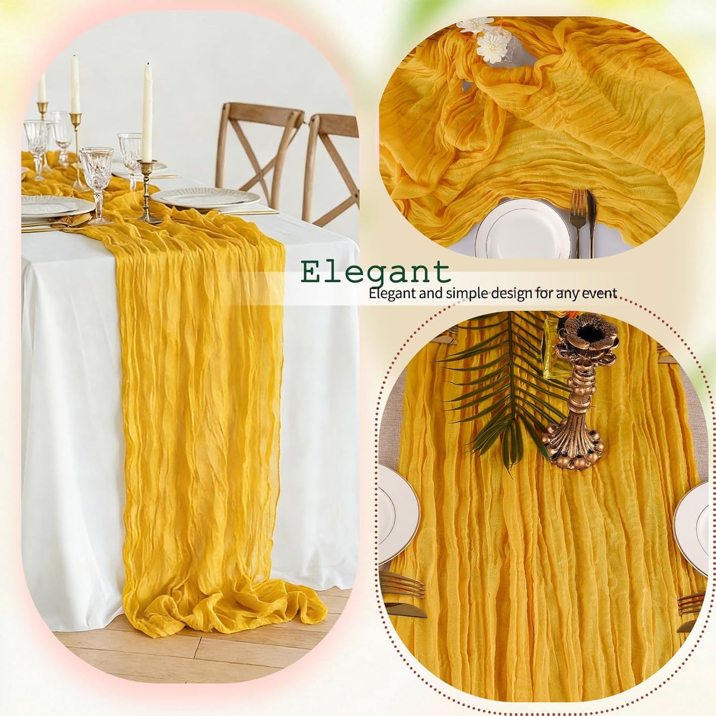 12 Pcs Gold Cheesecloth Table Runner 10Ft, Golden Yellow Gauze Table Runners 21.5 x 120 inch,Semi Sheer Cheese Cloth Fabric Runner Bulk for Wedding,Party,Baby Shower,Bridal Shower