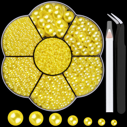 6000 Pcs Flat Back Nail Pearls Kits 21 Pearls for Bedazzling Nail Decor | Mixed Sizes Lemon Yellow Small Pearls for Nails Pearls for Crafting Graduation Cap Decorations DIY Body Face Craft Salon Use