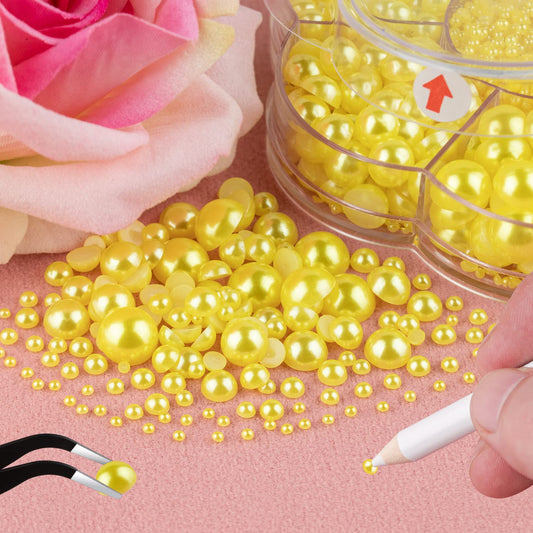 6000 Pcs Flat Back Nail Pearls Kits 21 Pearls for Bedazzling Nail Decor | Mixed Sizes Lemon Yellow Small Pearls for Nails Pearls for Crafting Graduation Cap Decorations DIY Body Face Craft Salon Use