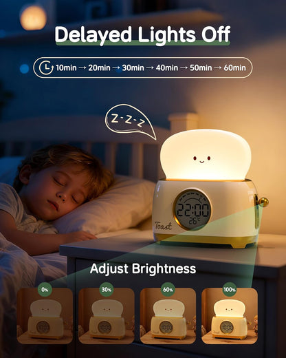 Alarm Clock for Kids, Cute Toast Night Light Alarm Clocks for Bedrooms, Dimming Rechargeable Small Led Desk Clock with Snooze & Countdown for Room Decor, Bedside Clock for Teen Girls Boys