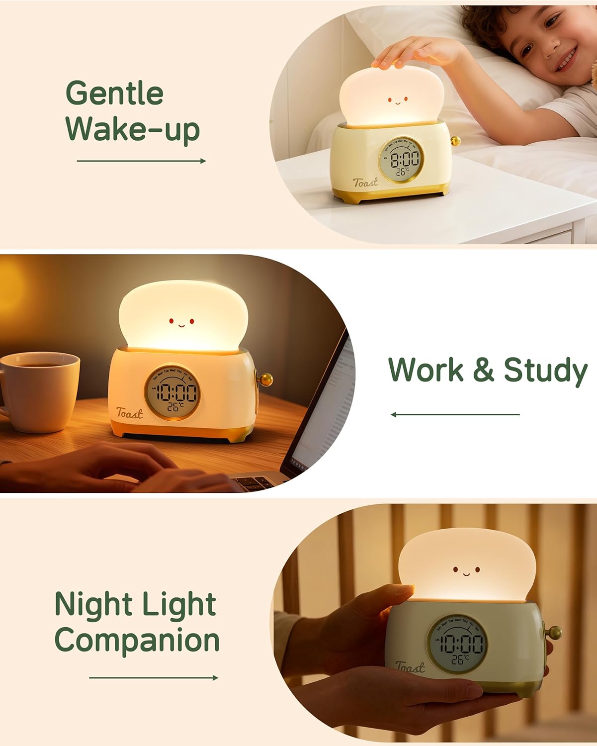 Alarm Clock for Kids, Cute Toast Night Light Alarm Clocks for Bedrooms, Dimming Rechargeable Small Led Desk Clock with Snooze & Countdown for Room Decor, Bedside Clock for Teen Girls Boys