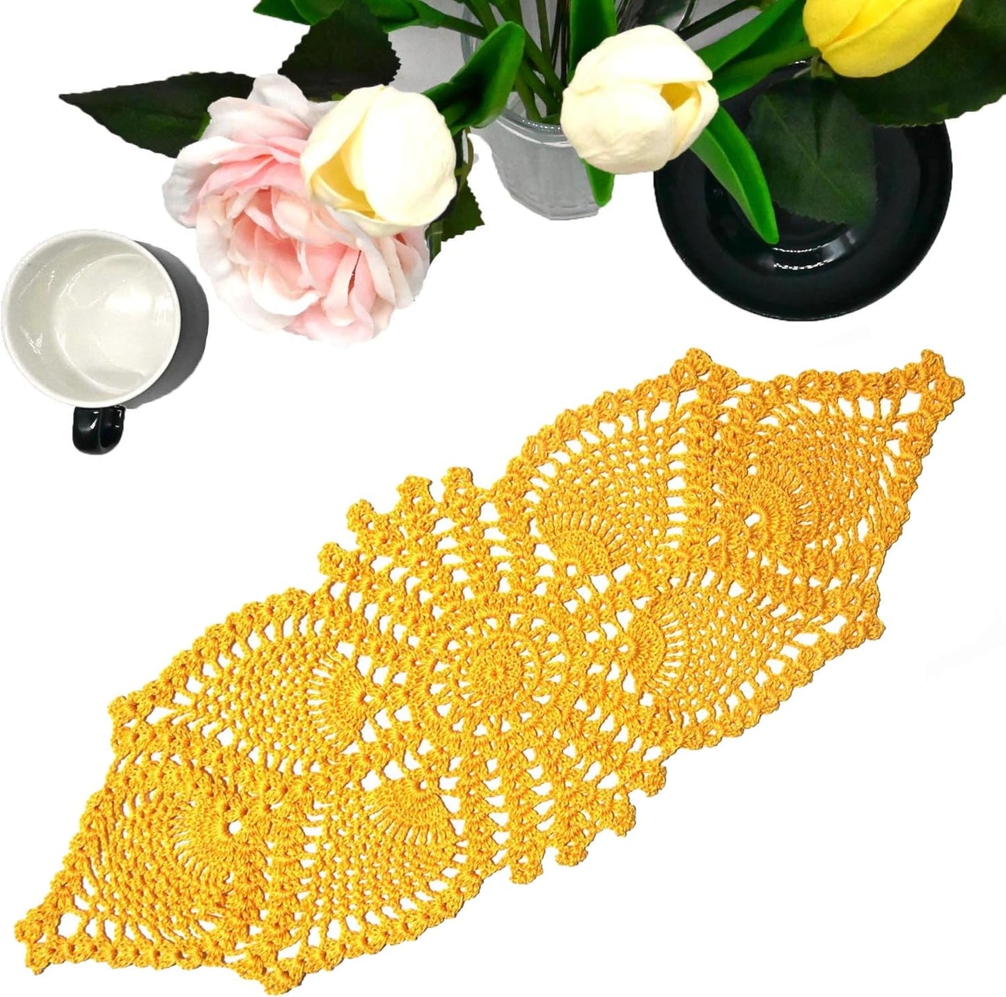 Crochet Lace Table Doilies Eyes Flower Doily Kitchen Vase Place Mats Anniversary Mother's Day (Style02-Yellow, 7 in x 21 in,Pack of 1PC)