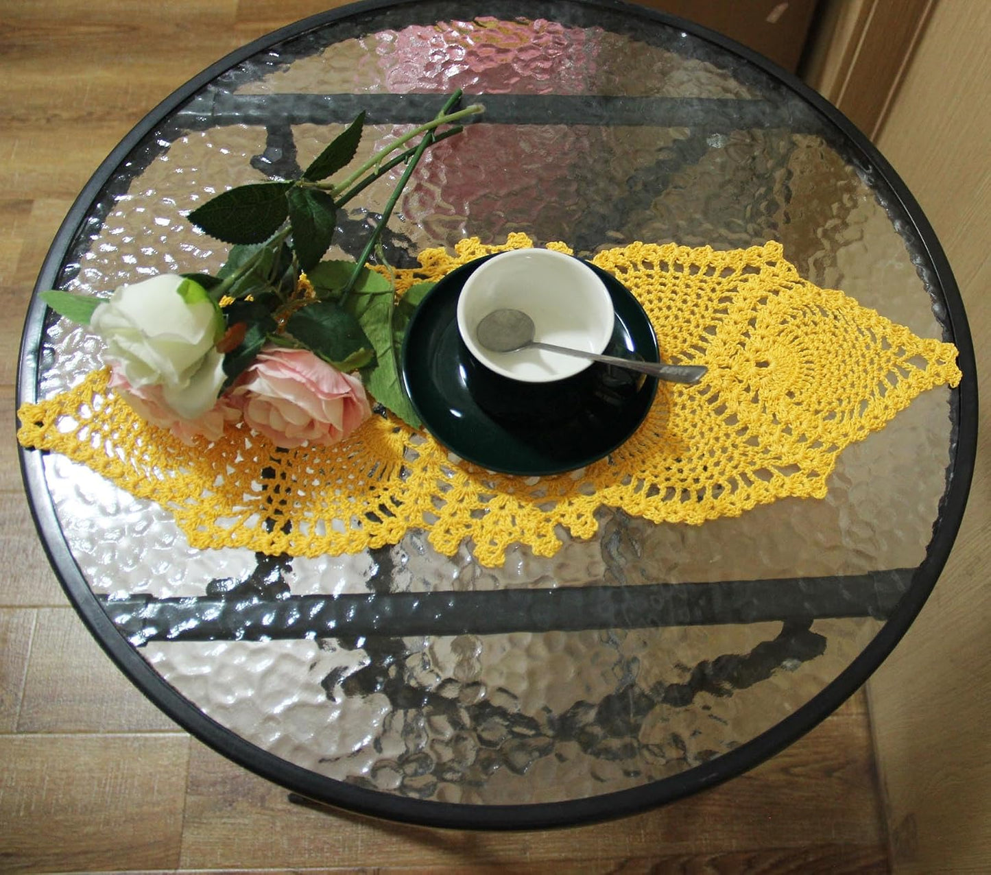Crochet Lace Table Doilies Eyes Flower Doily Kitchen Vase Place Mats Anniversary Mother's Day (Style02-Yellow, 7 in x 21 in,Pack of 1PC)