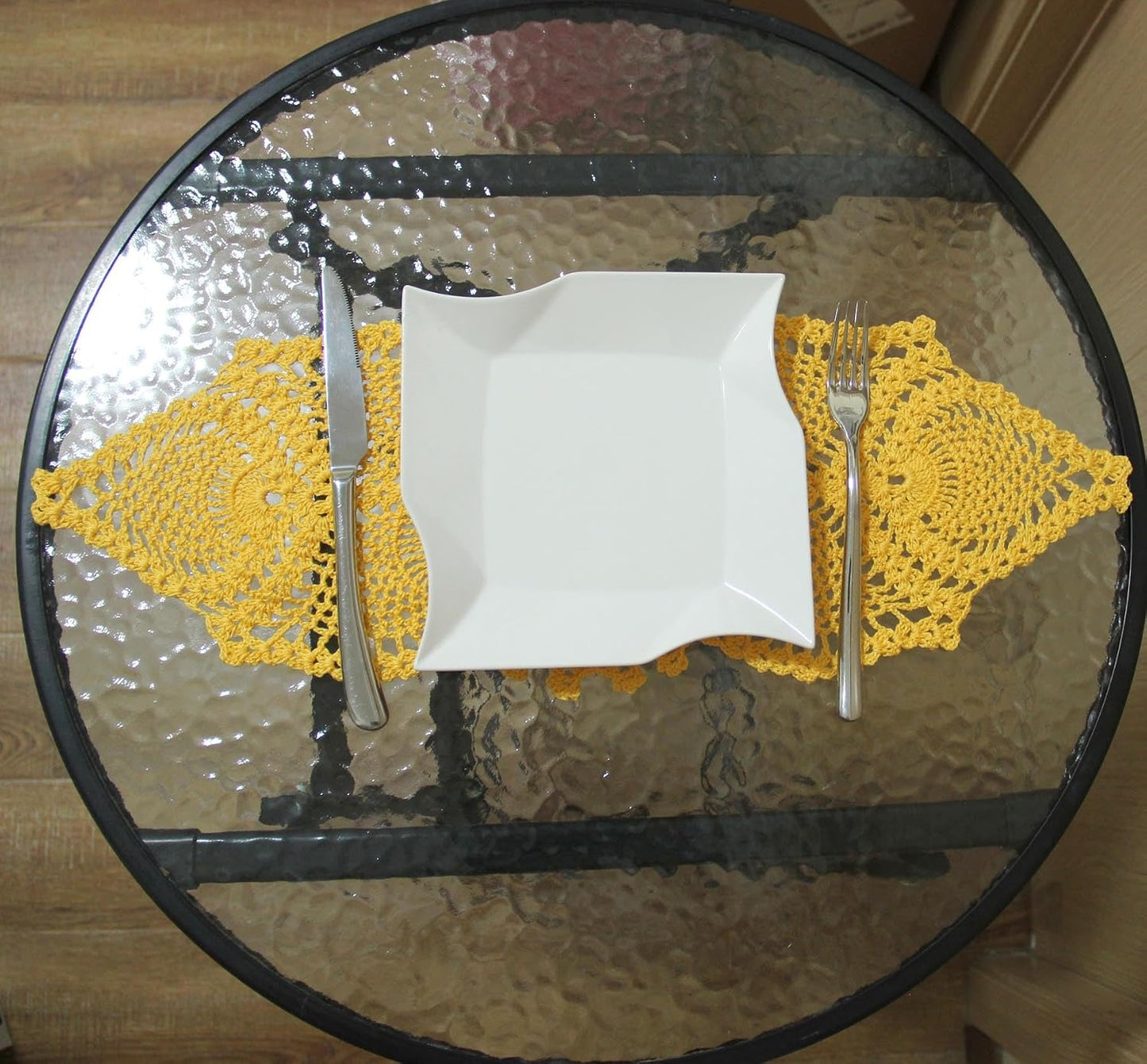 Crochet Lace Table Doilies Eyes Flower Doily Kitchen Vase Place Mats Anniversary Mother's Day (Style02-Yellow, 7 in x 21 in,Pack of 1PC)