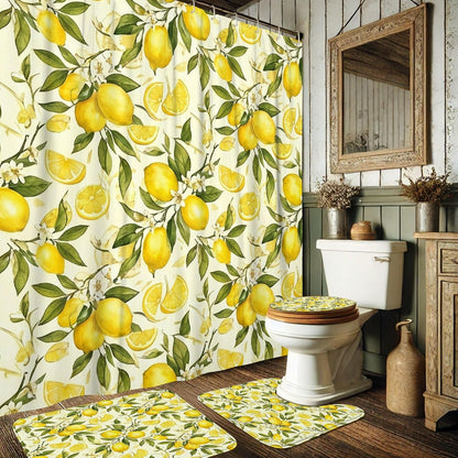 Lemon Shower Curtain Sets, Summer Tropical Lemon Leaves Summer Yellow Washable with Hooks Bathroom Sets with Shower Curtain and Rugs Decorative for Toile Bathtub Dorm 72x72 Inch