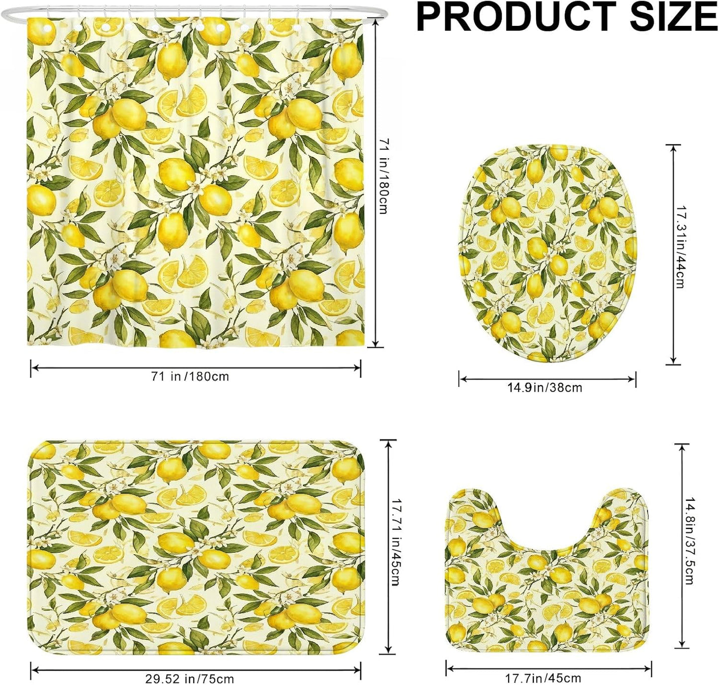 Lemon Shower Curtain Sets, Summer Tropical Lemon Leaves Summer Yellow Washable with Hooks Bathroom Sets with Shower Curtain and Rugs Decorative for Toile Bathtub Dorm 72x72 Inch