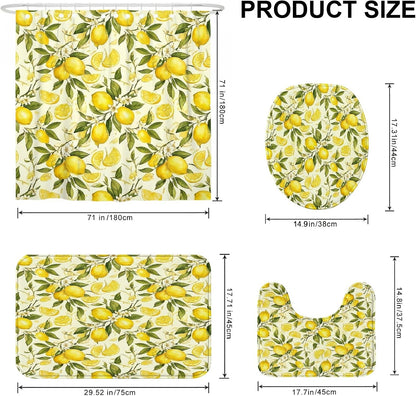 Lemon Shower Curtain Sets, Summer Tropical Lemon Leaves Summer Yellow Washable with Hooks Bathroom Sets with Shower Curtain and Rugs Decorative for Toile Bathtub Dorm 72x72 Inch