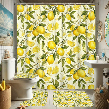 Lemon Shower Curtain Sets, Summer Tropical Lemon Leaves Summer Yellow Washable with Hooks Bathroom Sets with Shower Curtain and Rugs Decorative for Toile Bathtub Dorm 72x72 Inch