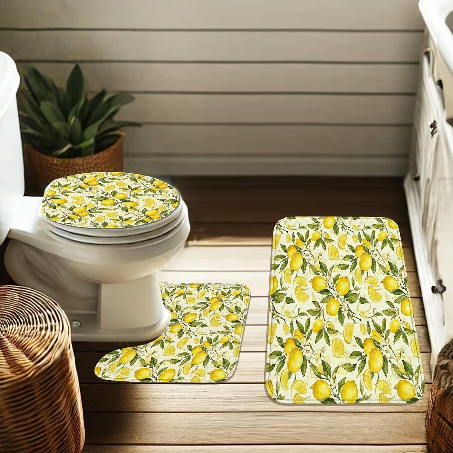 Lemon Shower Curtain Sets, Summer Tropical Lemon Leaves Summer Yellow Washable with Hooks Bathroom Sets with Shower Curtain and Rugs Decorative for Toile Bathtub Dorm 72x72 Inch