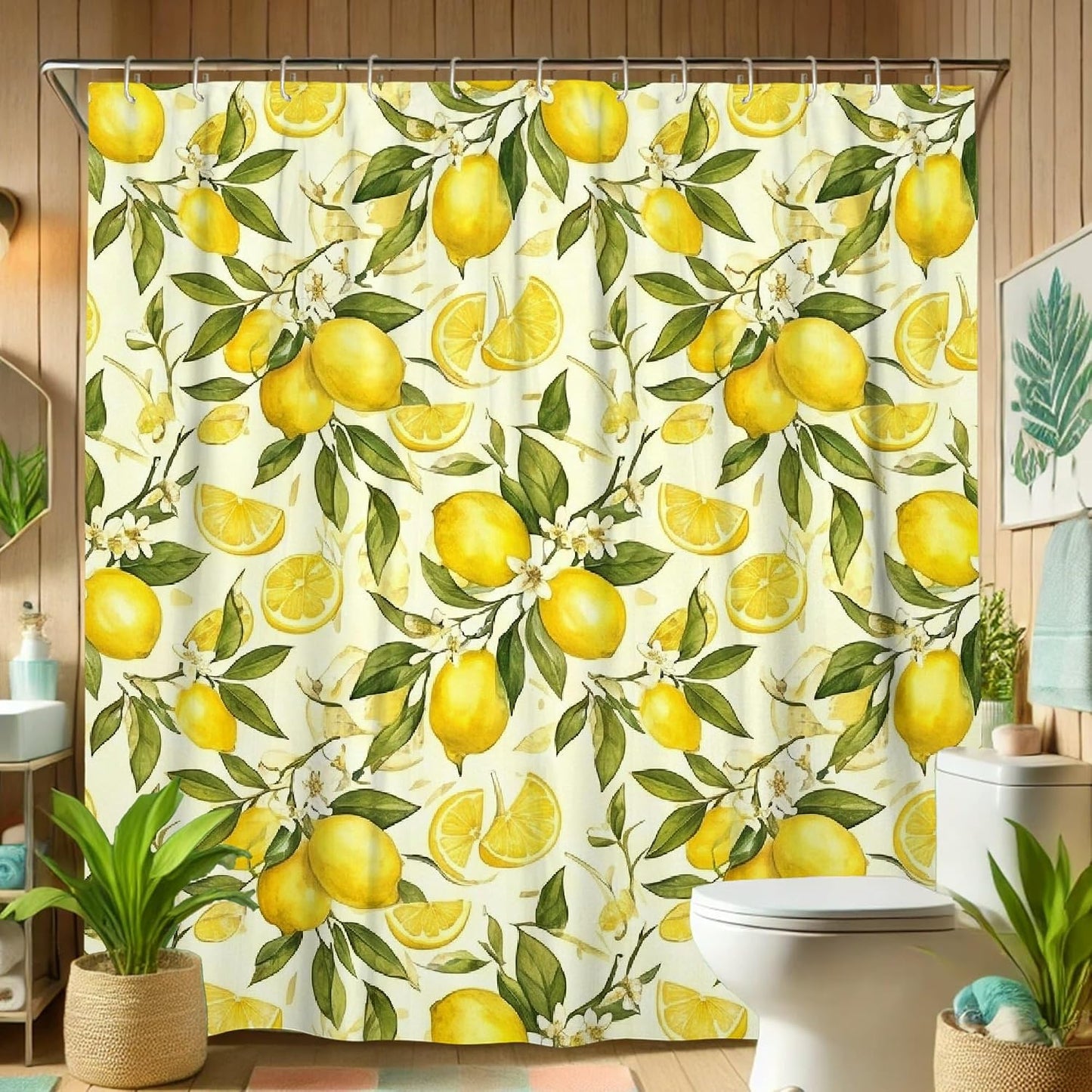Lemon Shower Curtain Sets, Summer Tropical Lemon Leaves Summer Yellow Washable with Hooks Bathroom Sets with Shower Curtain and Rugs Decorative for Toile Bathtub Dorm 72x72 Inch