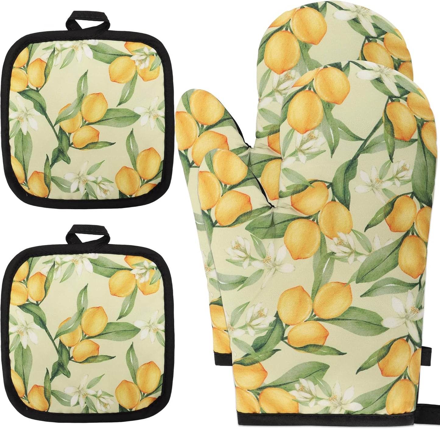 4 PCS Cute Lemon Oven Mitts and Potholders Set, Lemon Flower Oven Mitt Pot Holder Heat Resistant Non-Slip Cooking Gloves for Spring Summer Holiday Grilling Baking Party Favor Decor