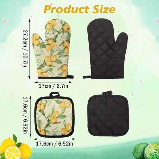 4 PCS Cute Lemon Oven Mitts and Potholders Set, Lemon Flower Oven Mitt Pot Holder Heat Resistant Non-Slip Cooking Gloves for Spring Summer Holiday Grilling Baking Party Favor Decor