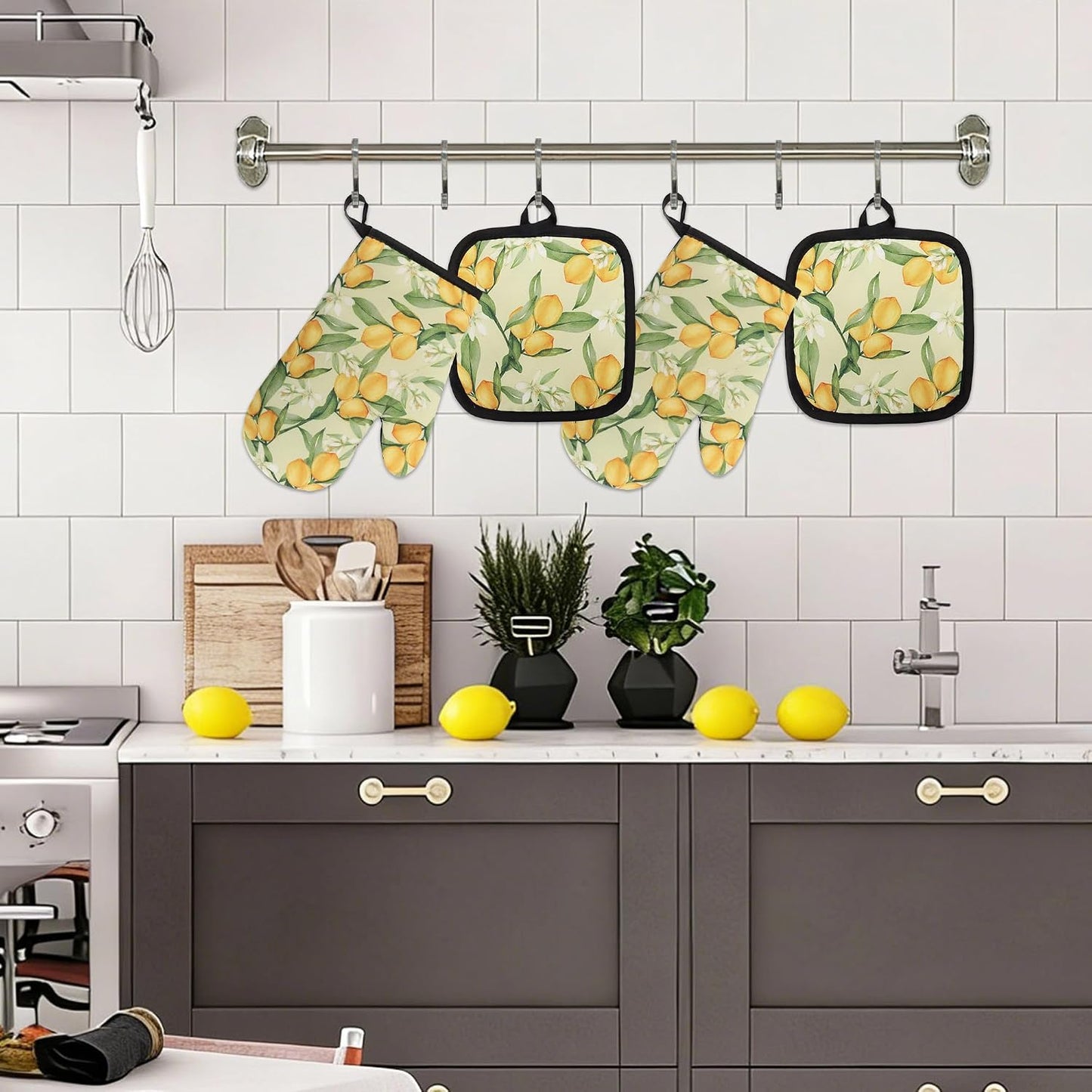 4 PCS Cute Lemon Oven Mitts and Potholders Set, Lemon Flower Oven Mitt Pot Holder Heat Resistant Non-Slip Cooking Gloves for Spring Summer Holiday Grilling Baking Party Favor Decor