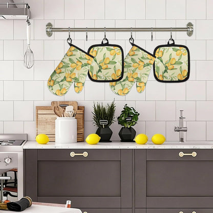 4 PCS Cute Lemon Oven Mitts and Potholders Set, Lemon Flower Oven Mitt Pot Holder Heat Resistant Non-Slip Cooking Gloves for Spring Summer Holiday Grilling Baking Party Favor Decor