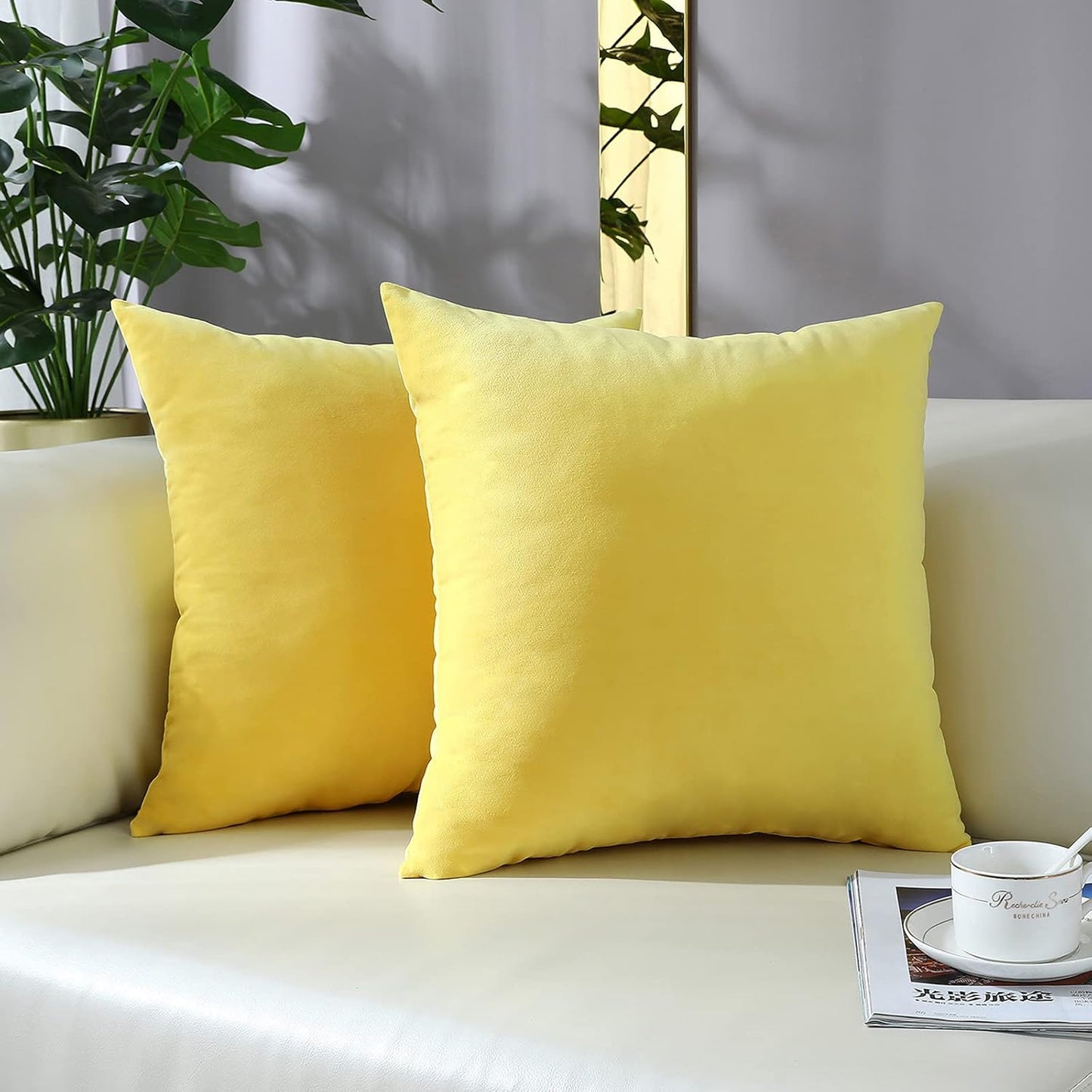 Comfy Lemon Yellow Throw Pillow Covers Decorative Square Solid Thick Velvet Super Soft Cushion Cases Home Decor for Sofa Couch Living Room Chair, Set of 2, 18 x 18 Inch