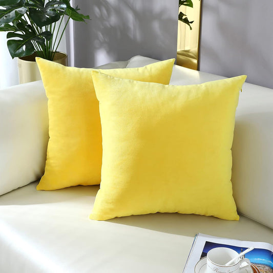 Comfy Lemon Yellow Throw Pillow Covers Decorative Square Solid Thick Velvet Super Soft Cushion Cases Home Decor for Sofa Couch Living Room Chair, Set of 2, 18 x 18 Inch