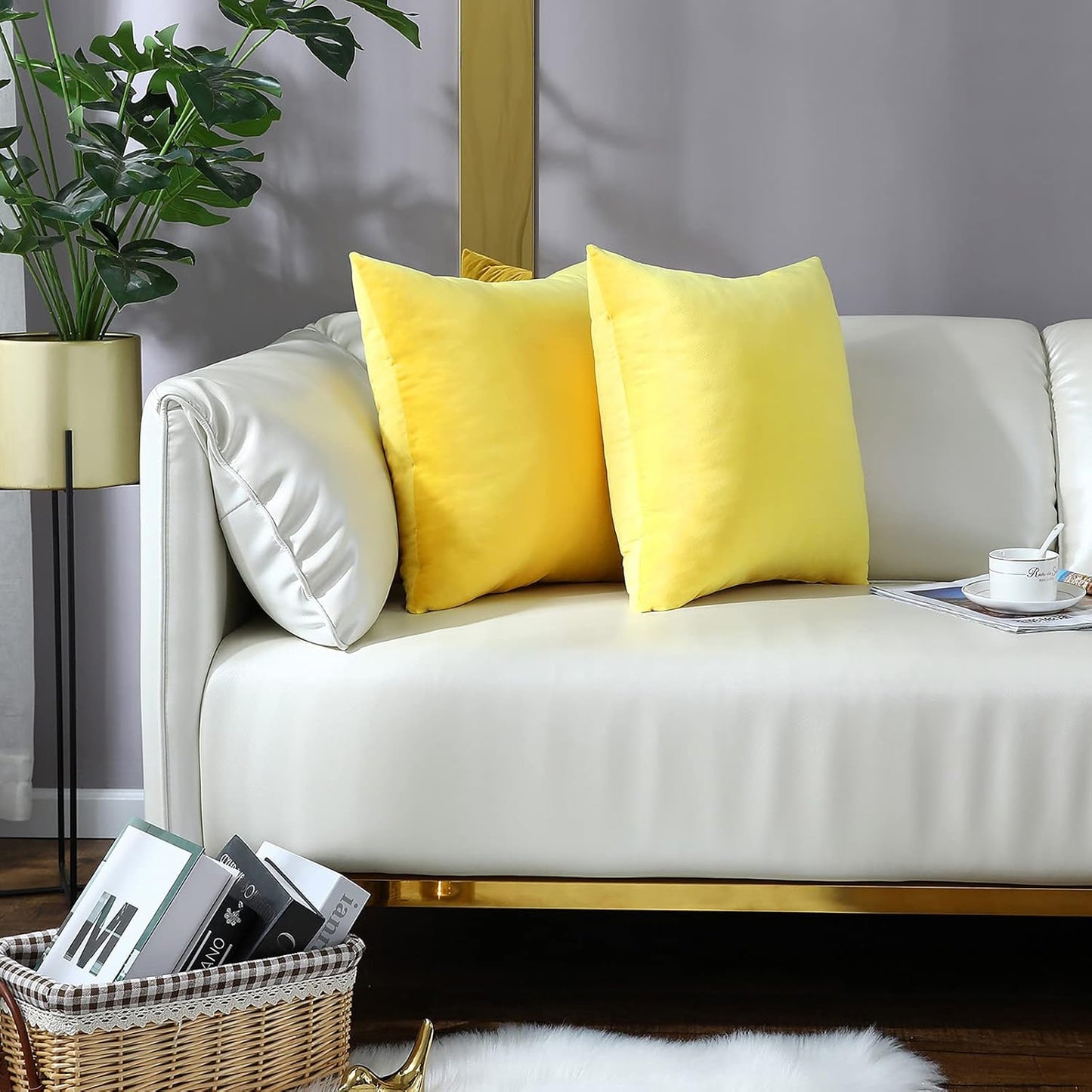 Comfy Lemon Yellow Throw Pillow Covers Decorative Square Solid Thick Velvet Super Soft Cushion Cases Home Decor for Sofa Couch Living Room Chair, Set of 2, 18 x 18 Inch