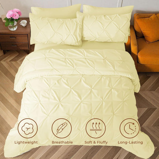Queen Comforter Set, 7-Piece Bed in a Bag, Pintuck Bedding Sets for All Season, Includes Comforter, Flat Sheet, Fitted Sheet, Pillowcases and Pillowshams, Cream Yellow