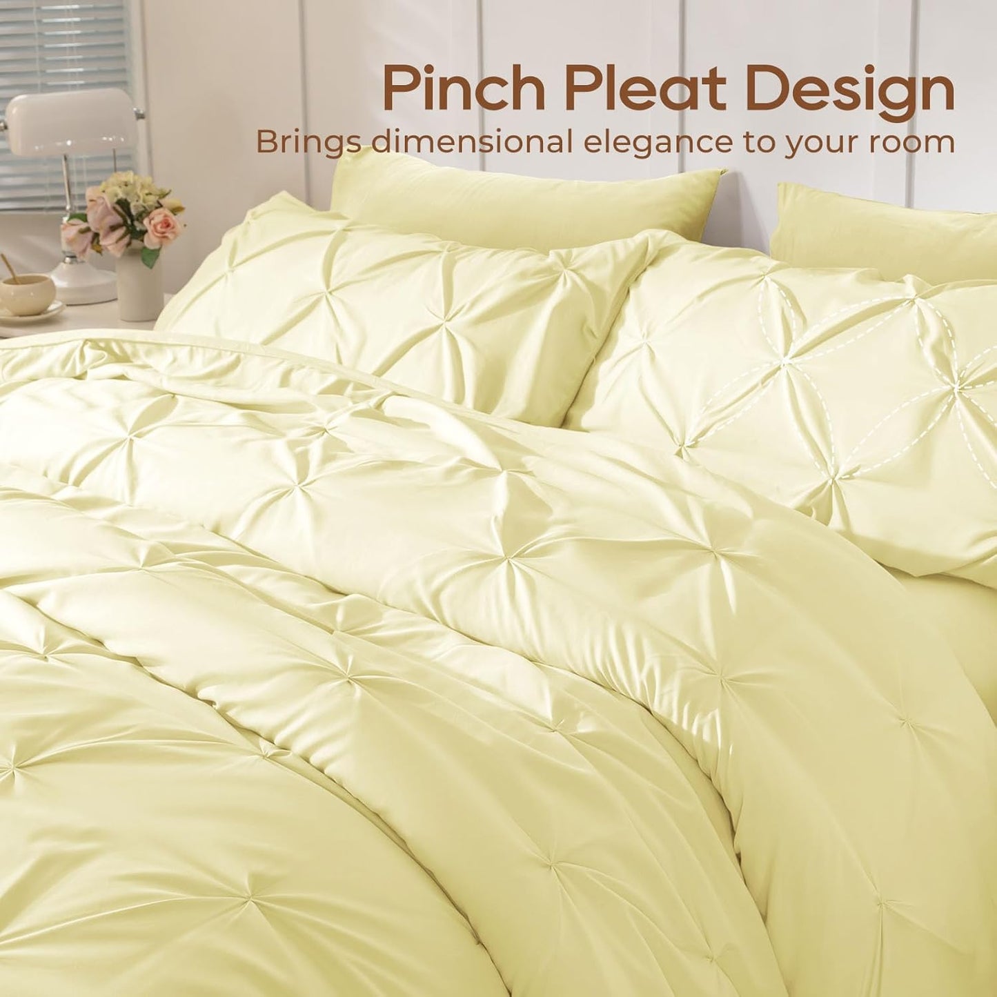 Queen Comforter Set, 7-Piece Bed in a Bag, Pintuck Bedding Sets for All Season, Includes Comforter, Flat Sheet, Fitted Sheet, Pillowcases and Pillowshams, Cream Yellow