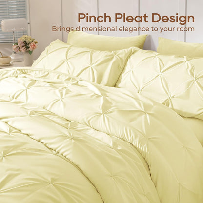 Queen Comforter Set, 7-Piece Bed in a Bag, Pintuck Bedding Sets for All Season, Includes Comforter, Flat Sheet, Fitted Sheet, Pillowcases and Pillowshams, Cream Yellow