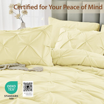 Queen Comforter Set, 7-Piece Bed in a Bag, Pintuck Bedding Sets for All Season, Includes Comforter, Flat Sheet, Fitted Sheet, Pillowcases and Pillowshams, Cream Yellow
