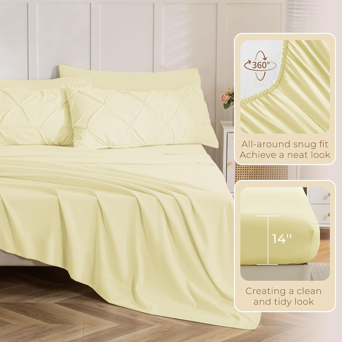 Queen Comforter Set, 7-Piece Bed in a Bag, Pintuck Bedding Sets for All Season, Includes Comforter, Flat Sheet, Fitted Sheet, Pillowcases and Pillowshams, Cream Yellow