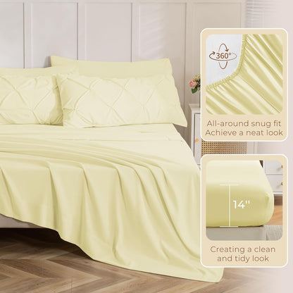 Queen Comforter Set, 7-Piece Bed in a Bag, Pintuck Bedding Sets for All Season, Includes Comforter, Flat Sheet, Fitted Sheet, Pillowcases and Pillowshams, Cream Yellow