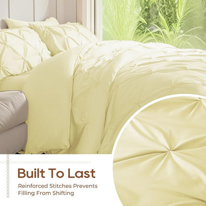 Queen Comforter Set, 7-Piece Bed in a Bag, Pintuck Bedding Sets for All Season, Includes Comforter, Flat Sheet, Fitted Sheet, Pillowcases and Pillowshams, Cream Yellow