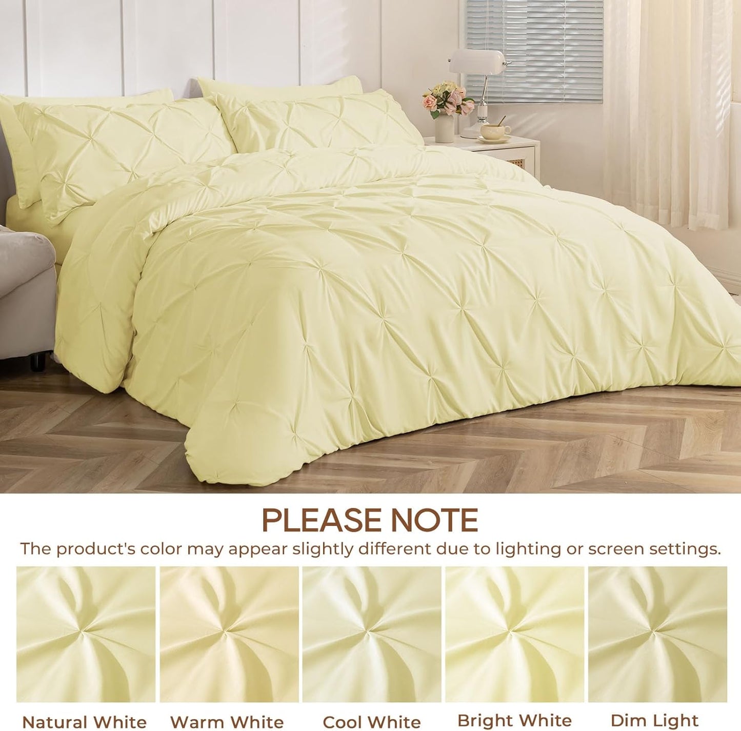 Queen Comforter Set, 7-Piece Bed in a Bag, Pintuck Bedding Sets for All Season, Includes Comforter, Flat Sheet, Fitted Sheet, Pillowcases and Pillowshams, Cream Yellow