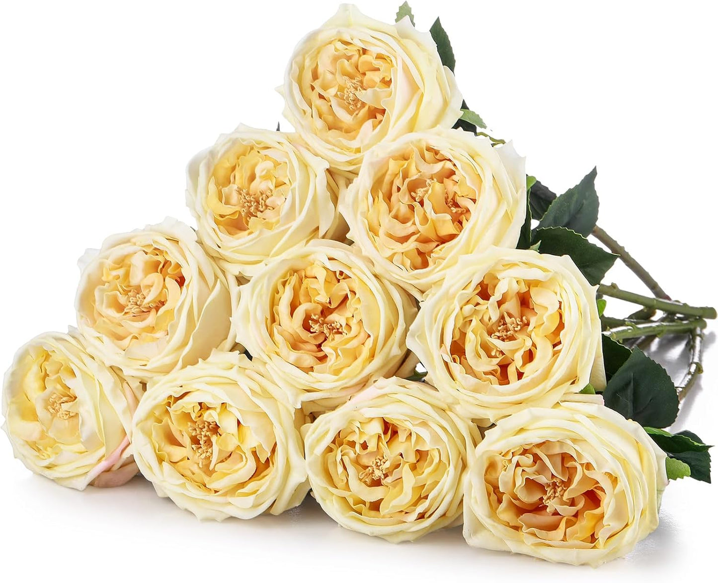 10pcs Peonies Artificial Flowers, Faux Austin Rose with Long Stem Look Real Fake Flower for Wedding Vase Party Home Kitchen Arrangement Decor(Champagne)