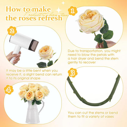 10pcs Peonies Artificial Flowers, Faux Austin Rose with Long Stem Look Real Fake Flower for Wedding Vase Party Home Kitchen Arrangement Decor(Champagne)
