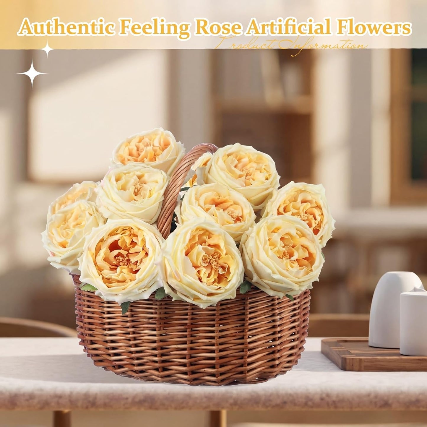 10pcs Peonies Artificial Flowers, Faux Austin Rose with Long Stem Look Real Fake Flower for Wedding Vase Party Home Kitchen Arrangement Decor(Champagne)