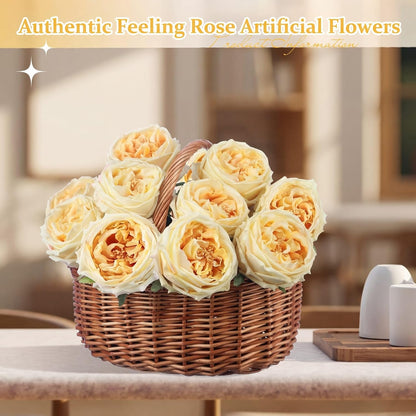 10pcs Peonies Artificial Flowers, Faux Austin Rose with Long Stem Look Real Fake Flower for Wedding Vase Party Home Kitchen Arrangement Decor(Champagne)