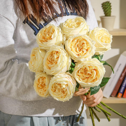 10pcs Peonies Artificial Flowers, Faux Austin Rose with Long Stem Look Real Fake Flower for Wedding Vase Party Home Kitchen Arrangement Decor(Champagne)