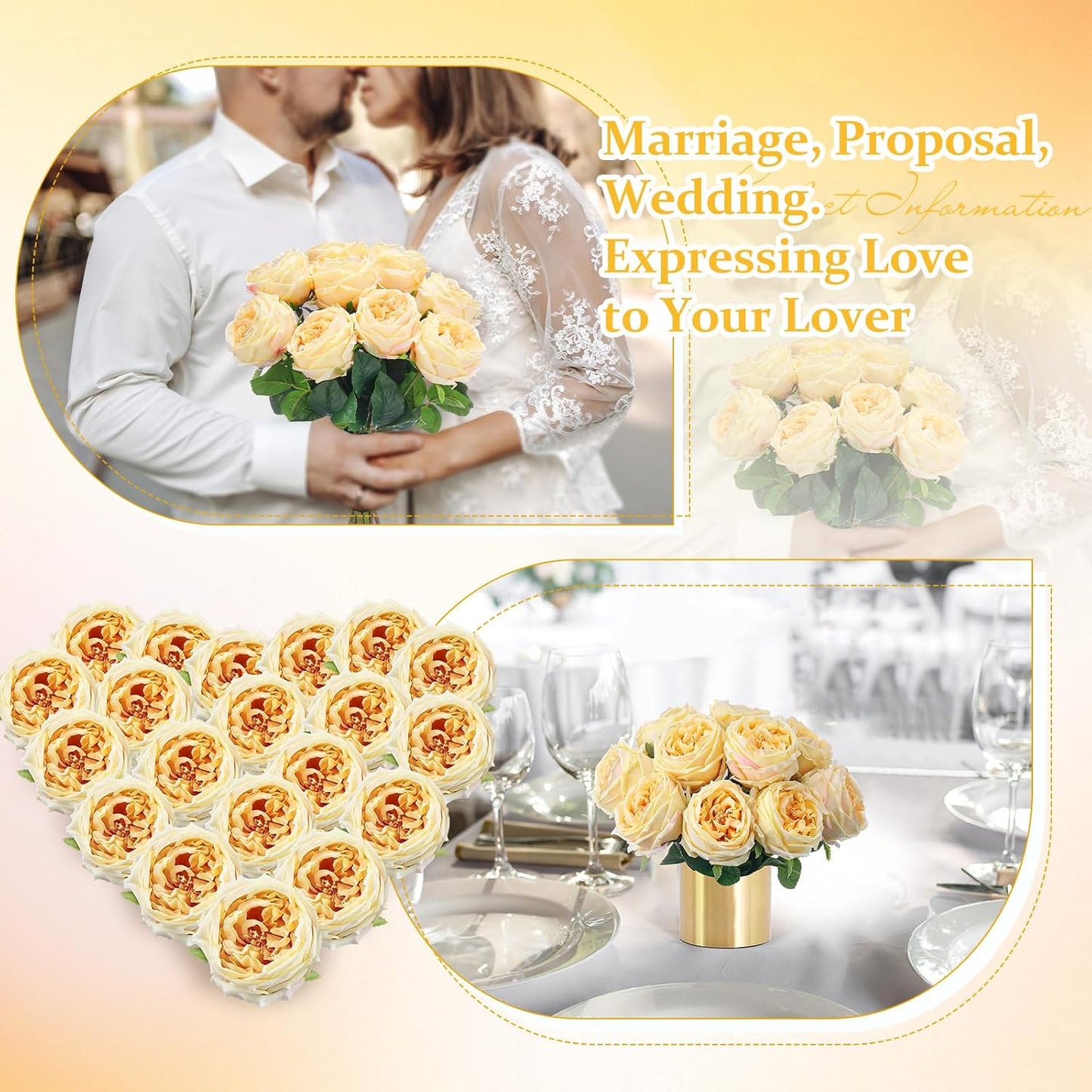 10pcs Peonies Artificial Flowers, Faux Austin Rose with Long Stem Look Real Fake Flower for Wedding Vase Party Home Kitchen Arrangement Decor(Champagne)