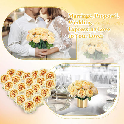 10pcs Peonies Artificial Flowers, Faux Austin Rose with Long Stem Look Real Fake Flower for Wedding Vase Party Home Kitchen Arrangement Decor(Champagne)
