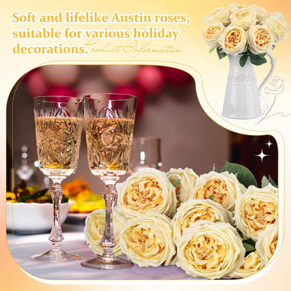 10pcs Peonies Artificial Flowers, Faux Austin Rose with Long Stem Look Real Fake Flower for Wedding Vase Party Home Kitchen Arrangement Decor(Champagne)